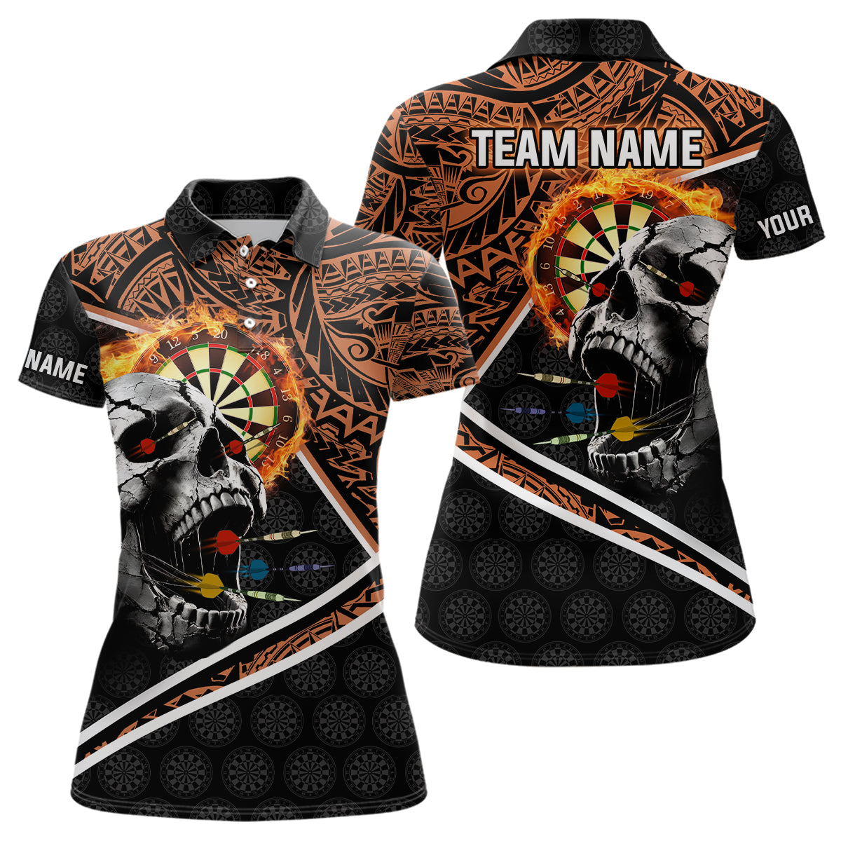 Individuelles Schädel Dartbrett Feuer Tribal Dart-Poloshirt für Damen, Team Dart-Trikot TDM3218
