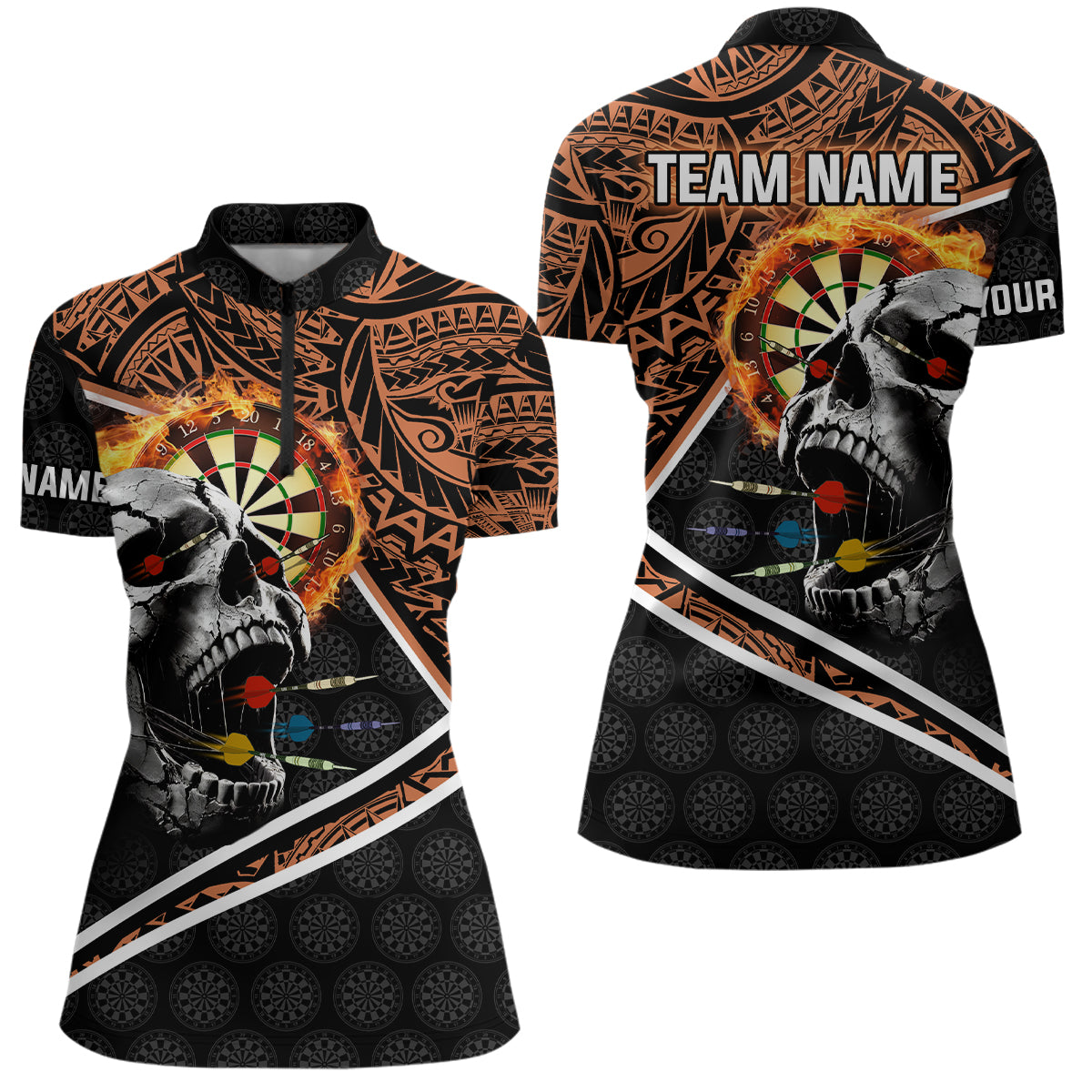 Individueller Schädel Dartbrett Feuer Tribal Dart Damen Quarter Zip Shirt, Team Dart Trikot TDM3218