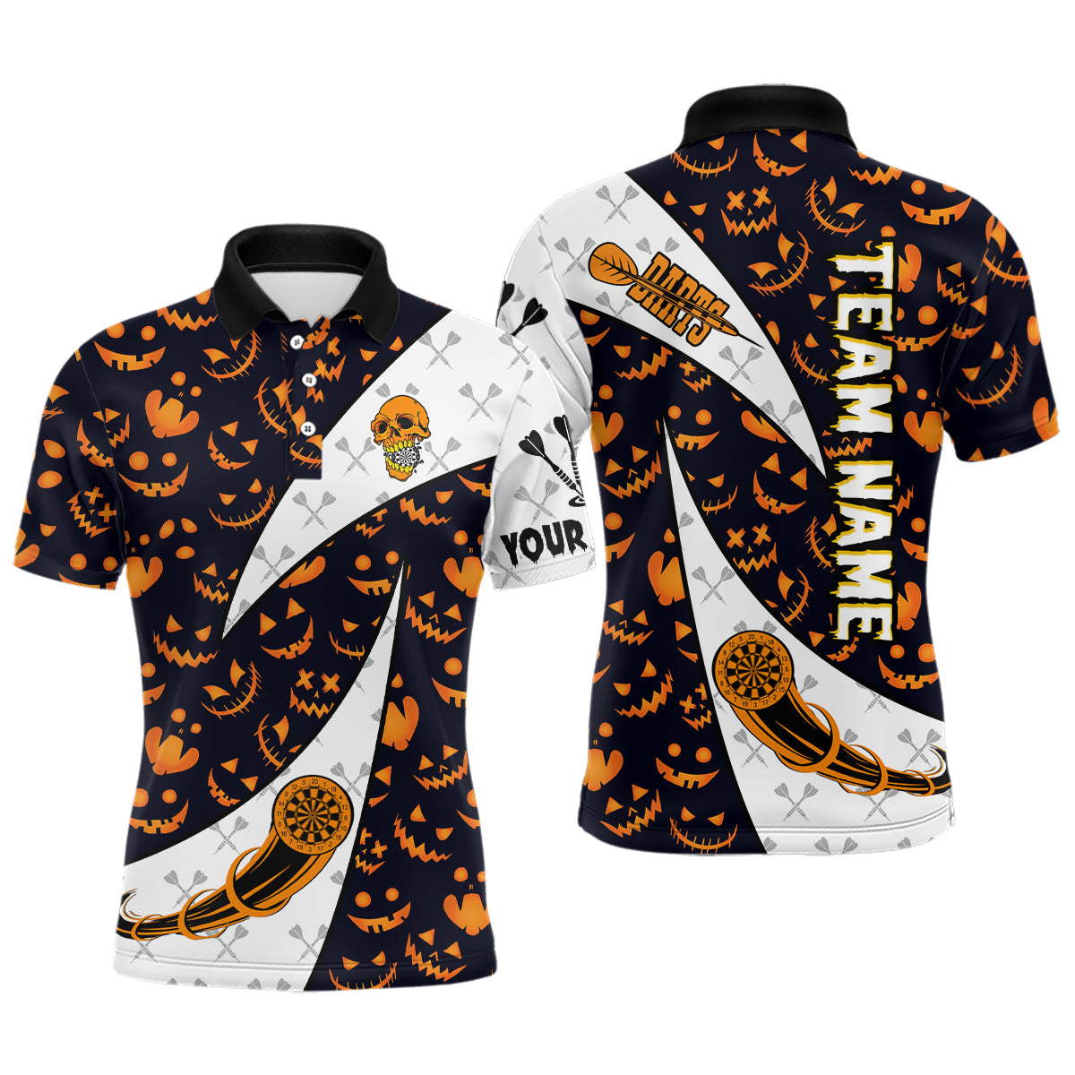 Individuelles Lustiges Kürbis-Muster-Halloween-Dart-Poloshirt für Herren, Geschenk für Dart-Liebhaber TDM2735