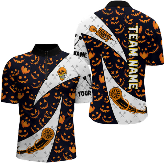 Individuelles Lustiges Kürbis Muster Halloween Dart Herren Shirt mit Viertelreißverschluss, Geschenk für Dartliebhaber TDM2735