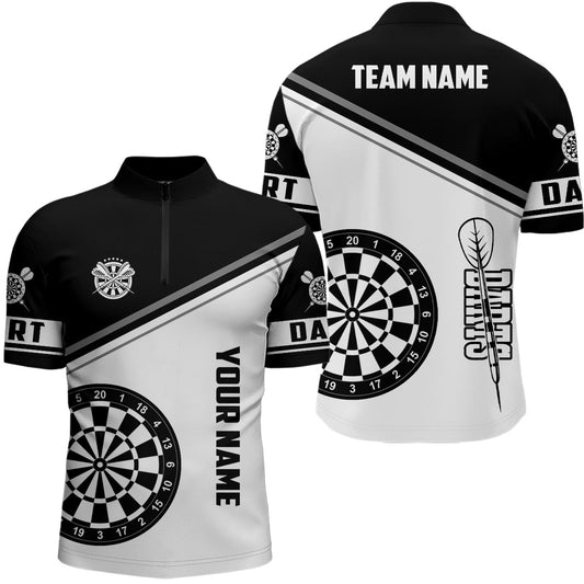 Individuelles Schwarz-Weißes Dartboard Herren Shirt mit Viertelreißverschluss, Dart Team Uniform Trikot TDM1246