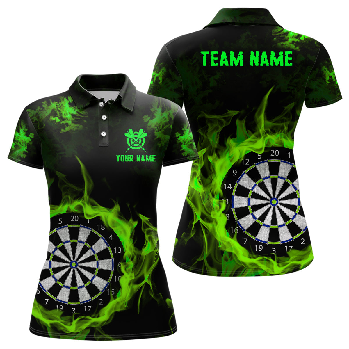 Individuelles Feuerflamme Grünes Dartbrett Herren Poloshirt, Team Dart Shirt TDM2030