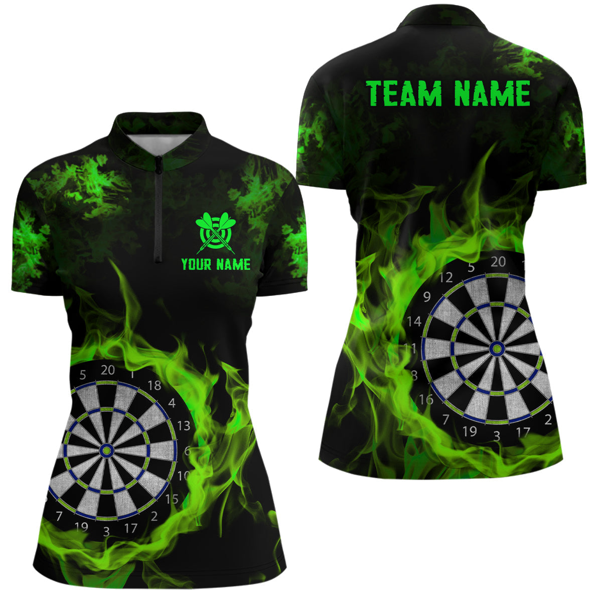 Individuelles Feuerflamme Grünes Dartboard Dart Quarter Zip Shirt Für Damen, Team Dart Shirt TDM2030