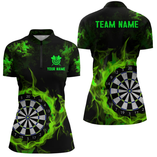 Individuelles Feuerflamme Grünes Dartboard Dart Quarter Zip Shirt Für Damen, Team Dart Shirt TDM2030