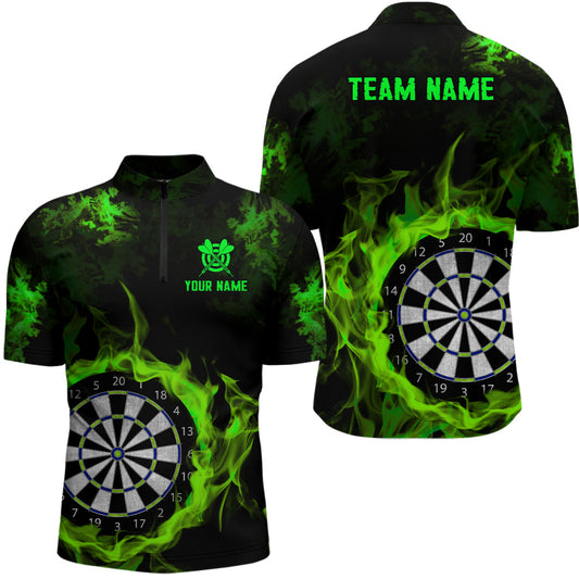 Feuerflamme Grünes Dartboard Dart Herren Shirt mit Viertelreißverschluss, Team Dart Shirt TDM2030