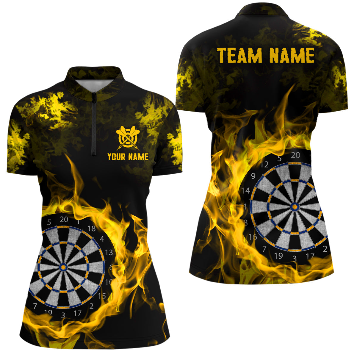 Individuelles Feuerflamme Gelbes Dartboard Dart Quarter Zip Shirt Für Damen, Team Dart Shirt TDM2031