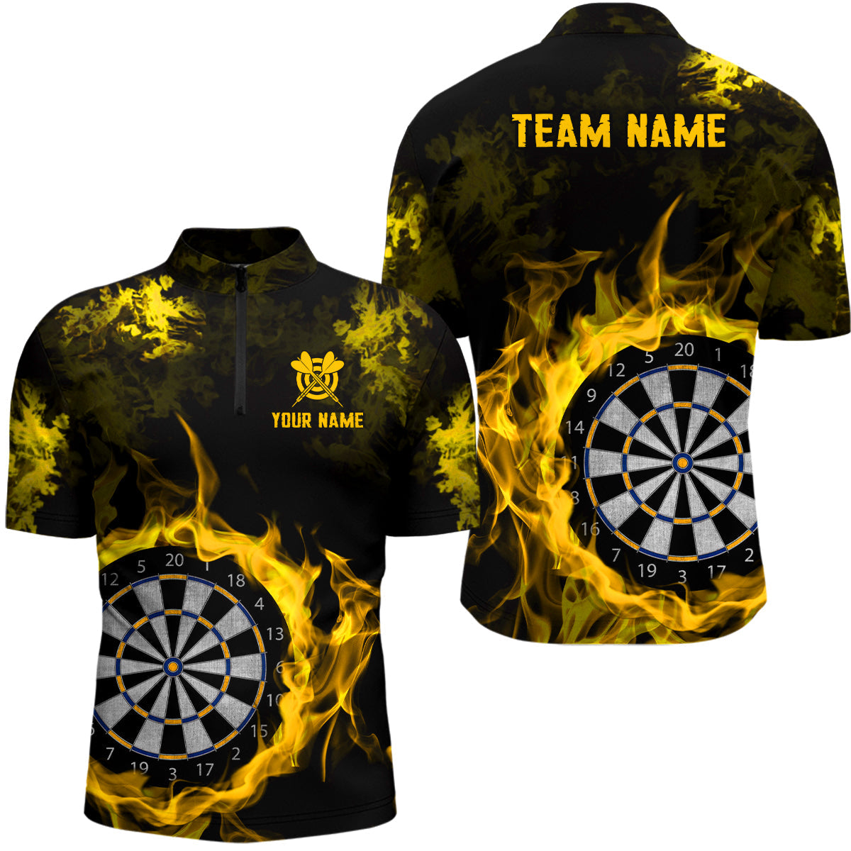 Feuerflamme Gelbes Dartboard Dart Herren Shirt mit Viertelreißverschluss, Team Dart Shirt TDM2031