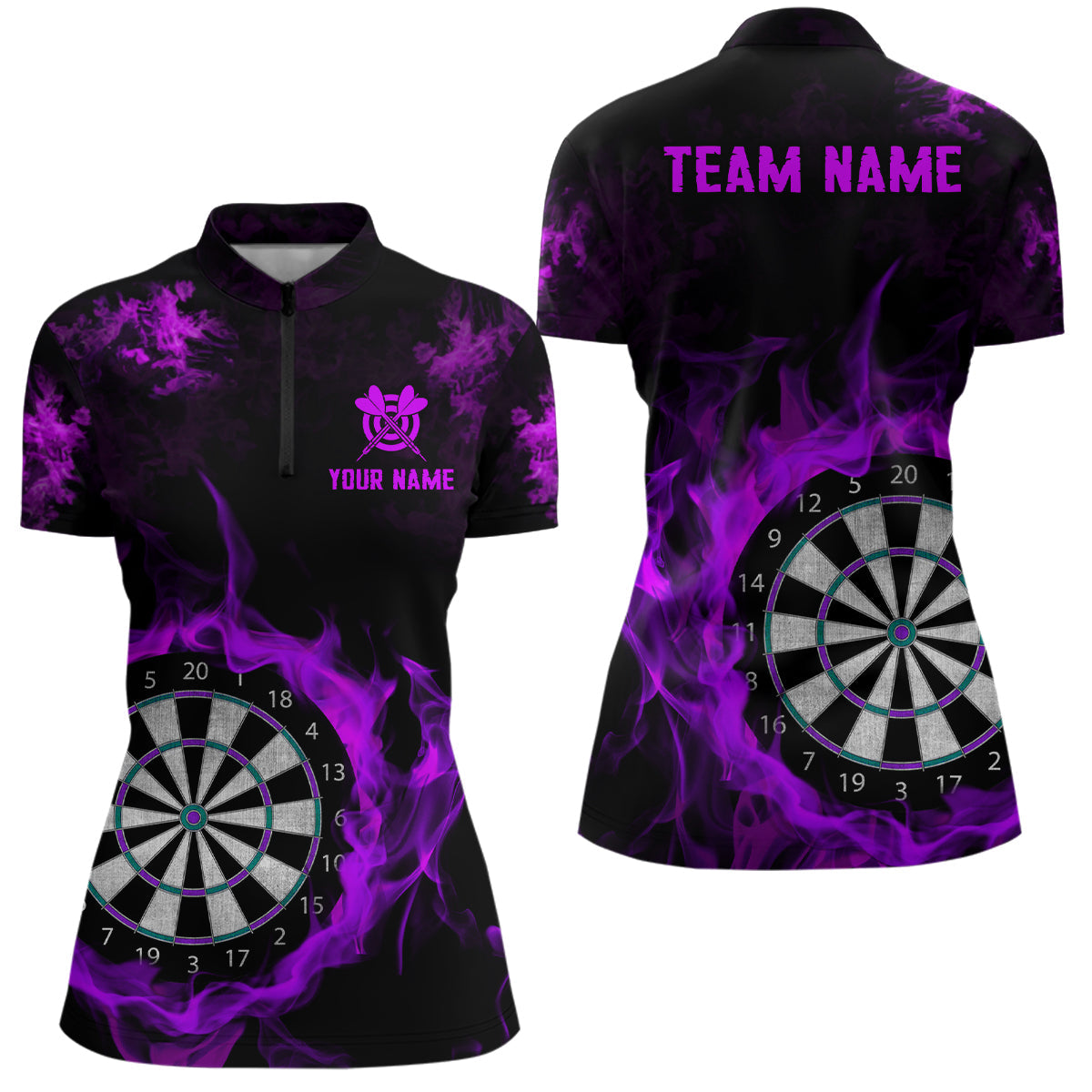 Individuelles Feuerflamme Lila Dartboard Dart Quarter Zip Shirt Für Damen, Team Dart Shirt TDM2032