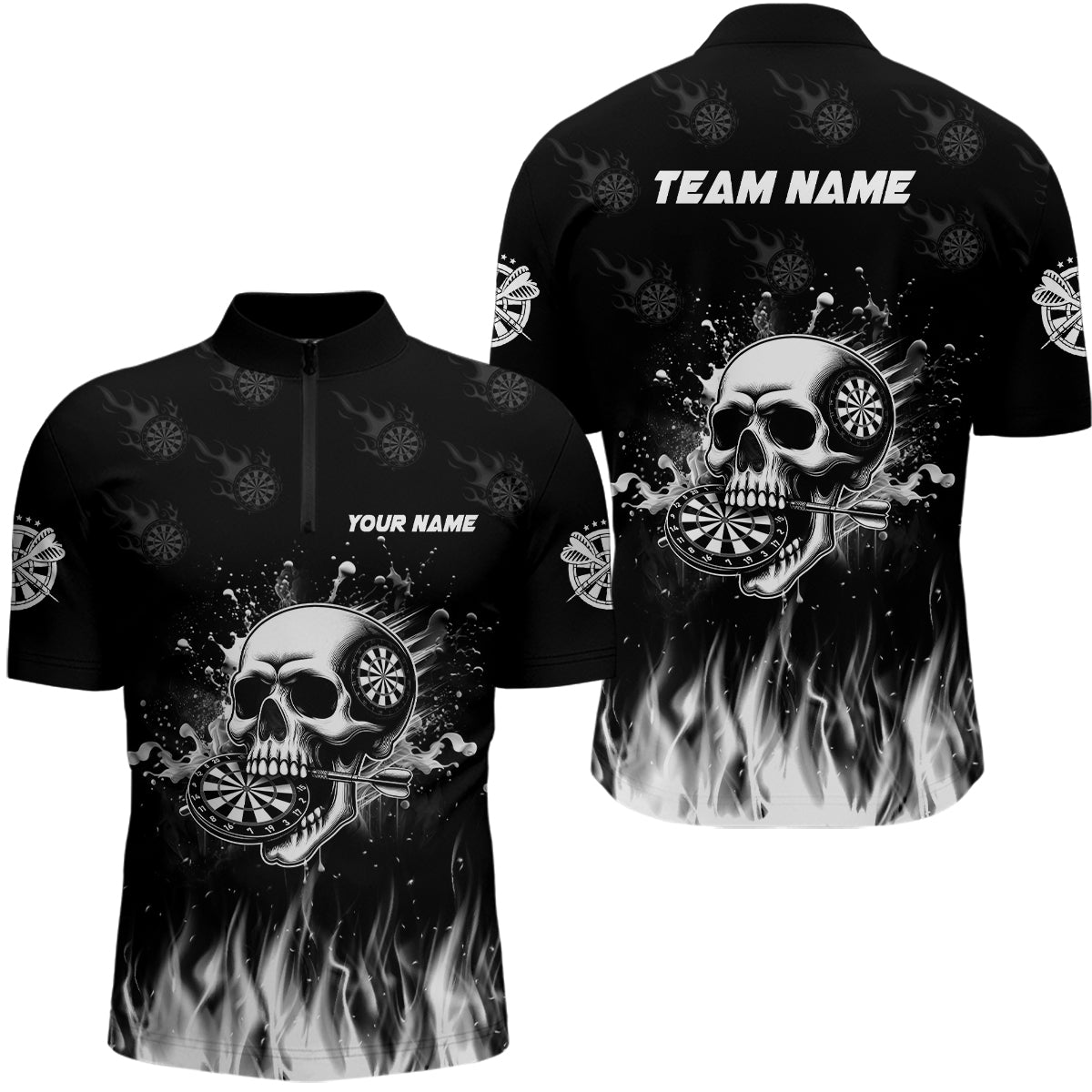 Individuelles Lustiges Skull Fire Schwarz Herren Shirt mit Viertelreißverschluss, Dart Team Trikot TDM2242