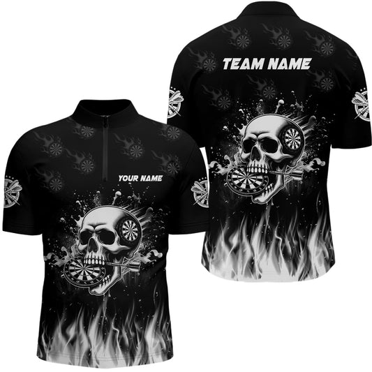 Individuelles Lustiges Skull Fire Schwarz Herren Shirt mit Viertelreißverschluss, Dart Team Trikot TDM2242