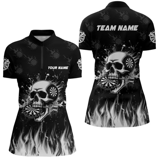 Individuelles Lustiges Totenkopf Feuer Schwarz Damen Quarter Zip Shirt, Dart Team Trikot TDM2242