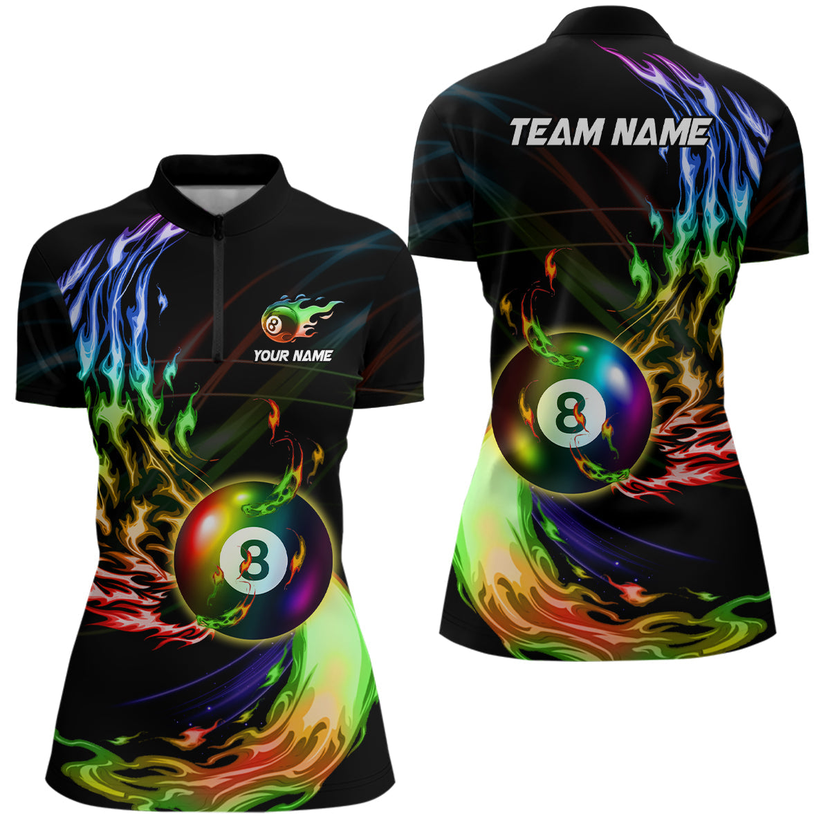 Maßgeschneidertes 8-Ball-Pool Regenbogen-Feuerflammen Damen-Quarter-Zip Shirt, buntes Billard-Trikot TDM3240
