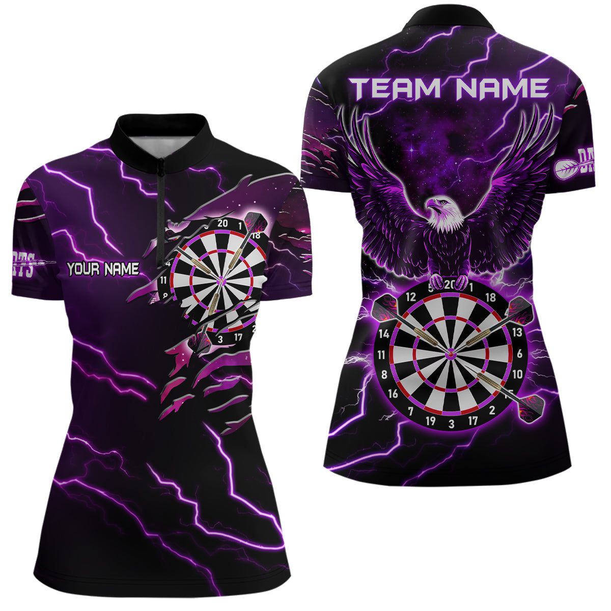Individuelles Donner Blitz Adler Lila Darts Damen Quarter Zip Shirt, Dart Trikot TDM3578