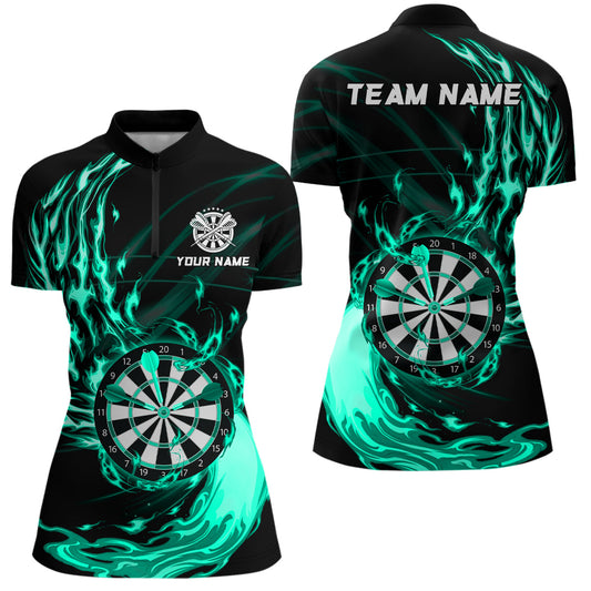 Individuelles Türkis Feuerflamme Dartbrett Dart Damen Quarter Zip Shirt – Dart Trikots TDM3739