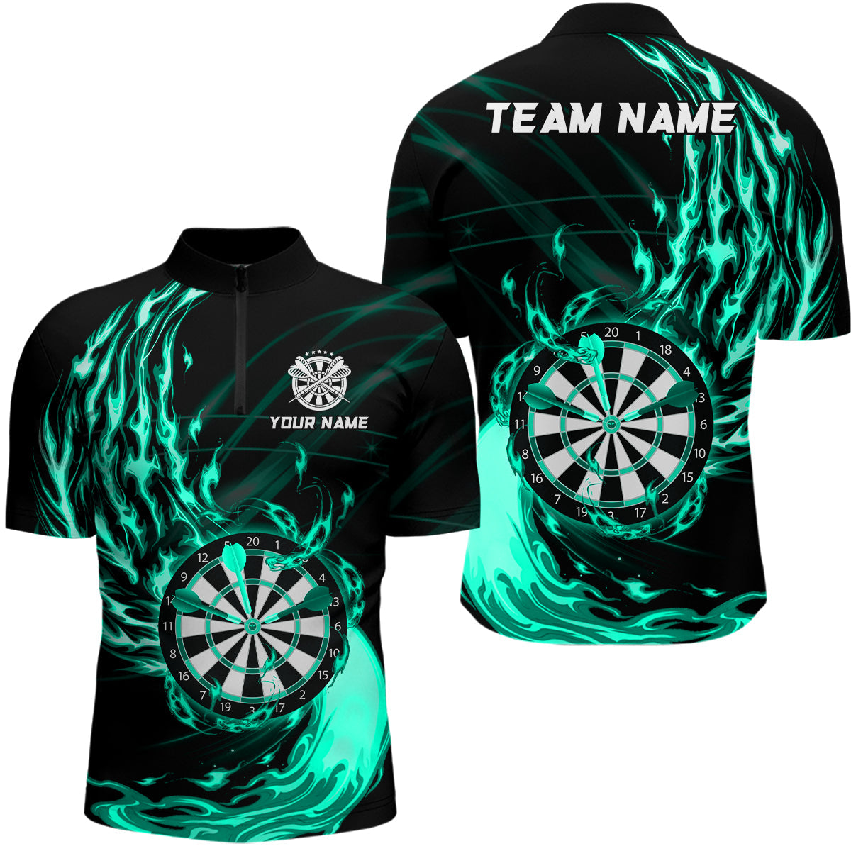 Individuelles Türkis Feuerflamme Dartboard Dart Viertelreißverschluss Herren Shirt – Dart Trikots TDM3739