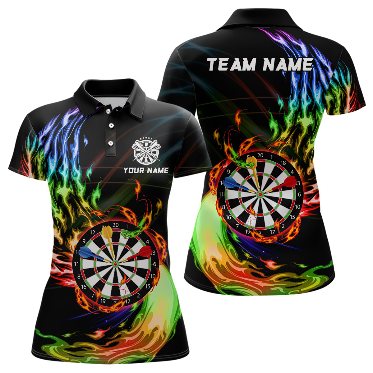 Individuelles Regenbogen Feuerflamme Dartbrett Dart-Poloshirt für Damen – Dart-Trikots TDM3740