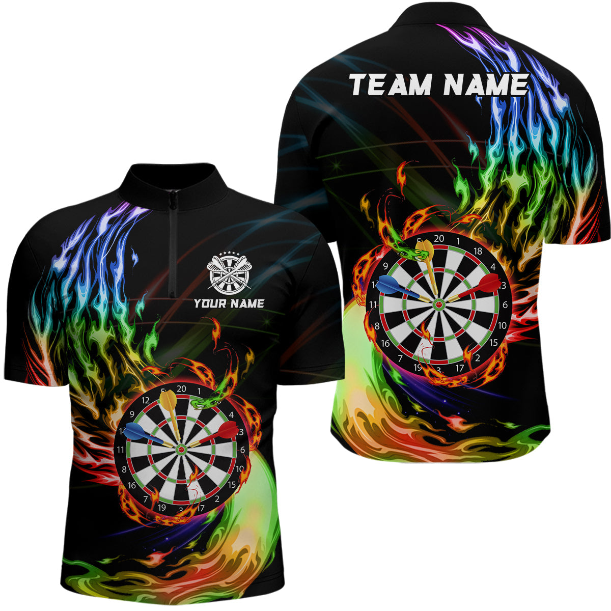 Individuelles Regenbogen Feuerflamme Dartboard Dart Viertelreißverschluss Herren Shirt – Dart Trikots TDM3740
