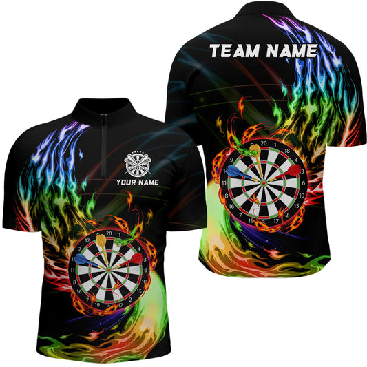 Individuelles Regenbogen Feuerflamme Dartboard Dart Viertelreißverschluss Herren Shirt – Dart Trikots TDM3740