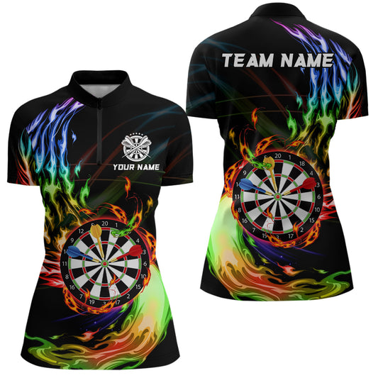 Individuelles Regenbogen Feuerflamme Dartbrett Dart Damen Quarter Zip Shirt – Dart Trikots TDM3740