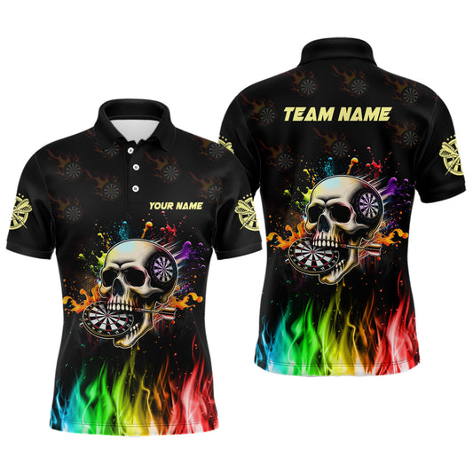 Individuelles Lustiges Dart Totenkopf Bunte Feuer Herren Poloshirt, Dart Team Trikot TDM1261