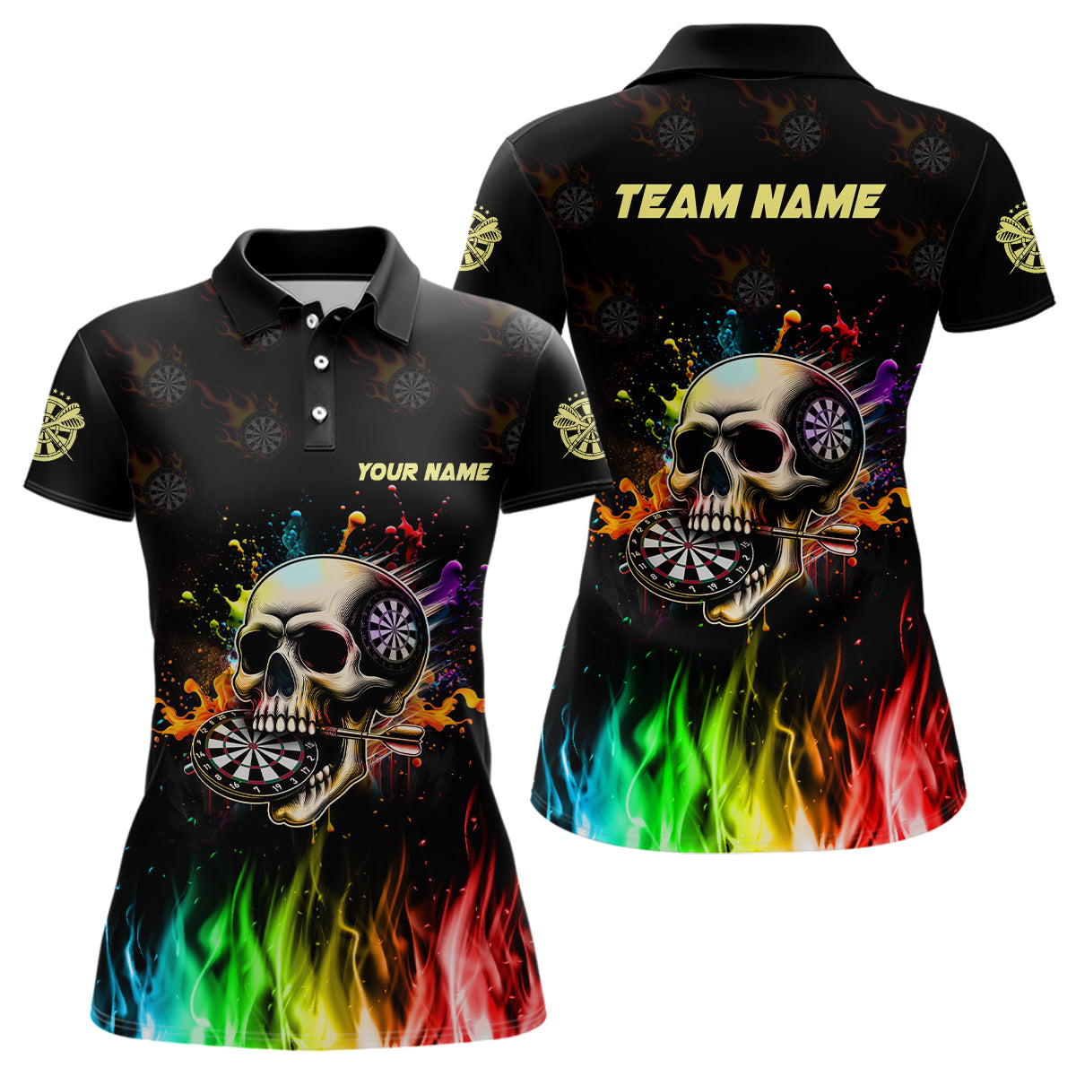 Individuelles Lustiges Dart Totenkopf Bunte Feuer Herren Poloshirt, Dart Team Trikot TDM1261