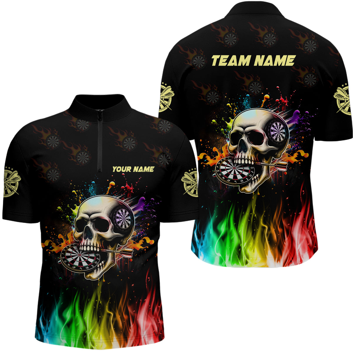 Lustiges Dart Totenkopf Buntes Feuer Herren Shirt mit Viertelreißverschluss, Dart Team Trikot TDM1261