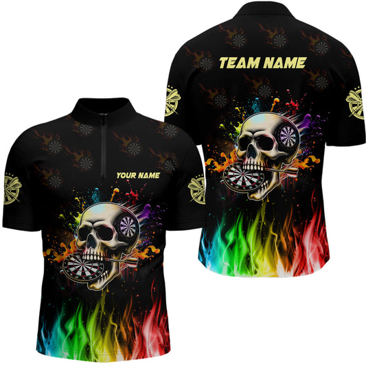 Lustiges Dart Totenkopf Buntes Feuer Herren Shirt mit Viertelreißverschluss, Dart Team Trikot TDM1261