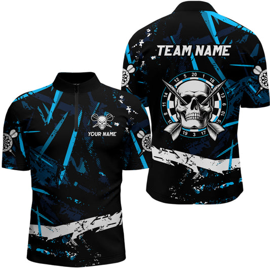 Individuelles Grunge Schwarz Blau Abstrakt Totenkopf Dart Herren Shirt mit Viertelreißverschluss, Coole Team Dart Trikots TDM3245