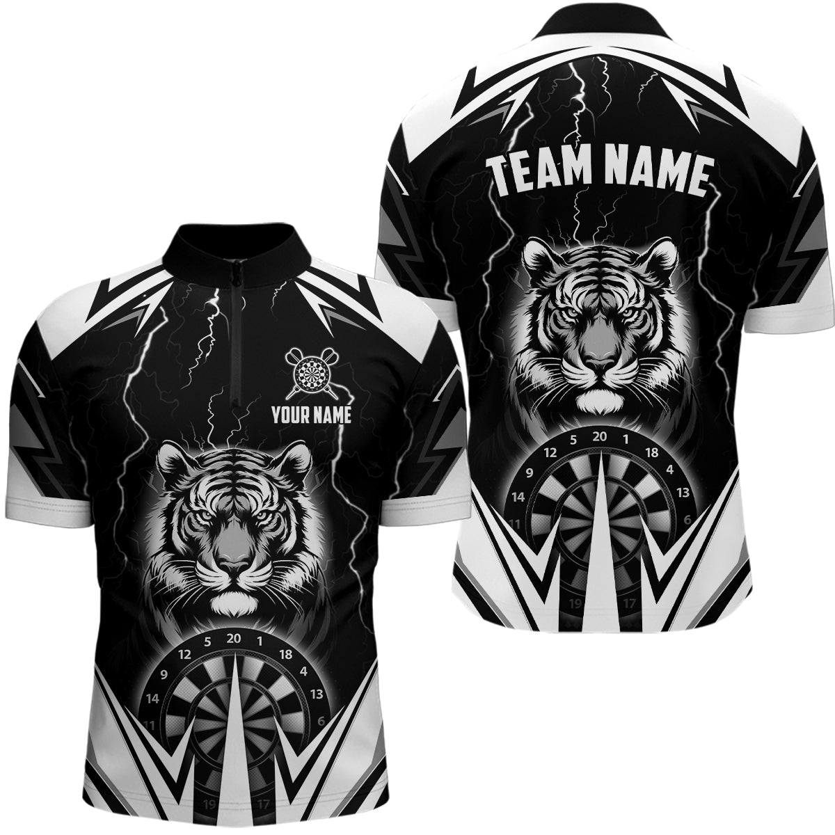 Individuelles Tiger Thunder Lightning Schwarzes Dart Herren Shirt mit Viertelreißverschluss, Dart Trikot TDM2780