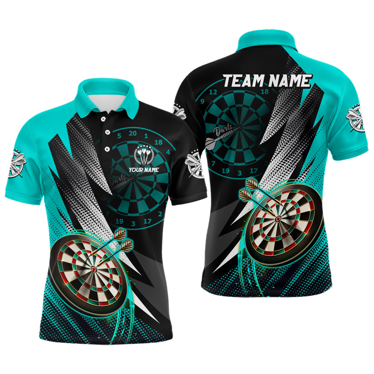 Individuelles türkis-schwarzes Dart-Poloshirt für Herren, cooles Darttrikot TDM3014
