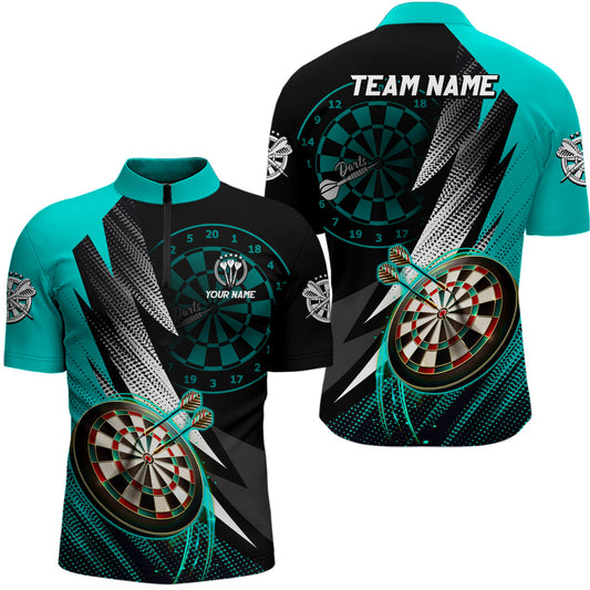 Individuelles Türkises Schwarzes Dart Herren Shirt mit Viertelreißverschluss, Cooles Dart Trikot TDM3014