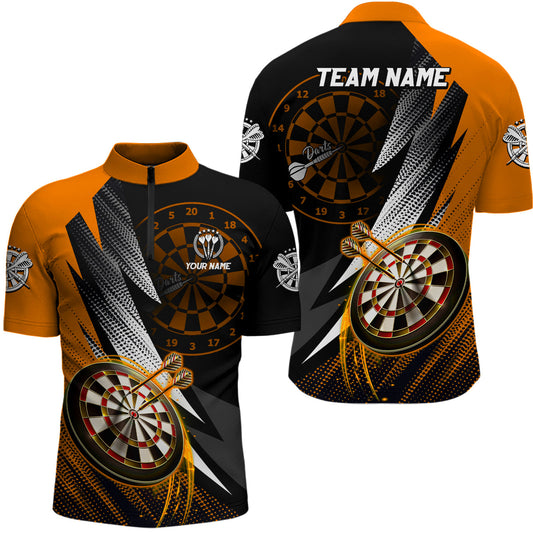 Individuelles Oranges Schwarzes Dart Herren Shirt mit Viertelreißverschluss, Dart Trikot TDM3015