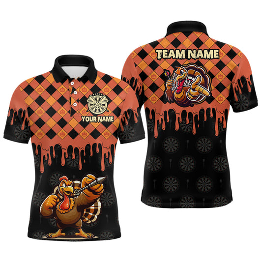 Individuelles orange-schwarzes lustiges Truthahn-Kürbis-Dart-Poloshirt für Herren, Thanksgiving-Darttrikot TDM3016