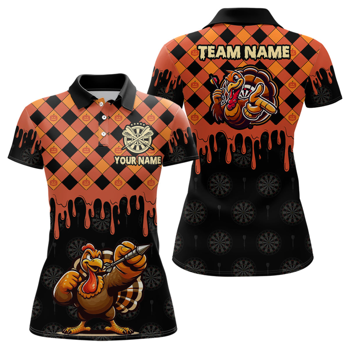 Individuelles Orange Schwarzes Lustiges Truthahn Kürbis Dart Poloshirt für Damen, Erntedank Dart Trikot TDM3016