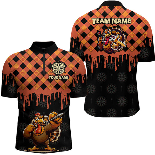 Individuelles Oranges Schwarzes Lustiges Truthahn Kürbis Dart Herren Shirt mit Viertelreißverschluss, Thanksgiving Dart Trikot TDM3016