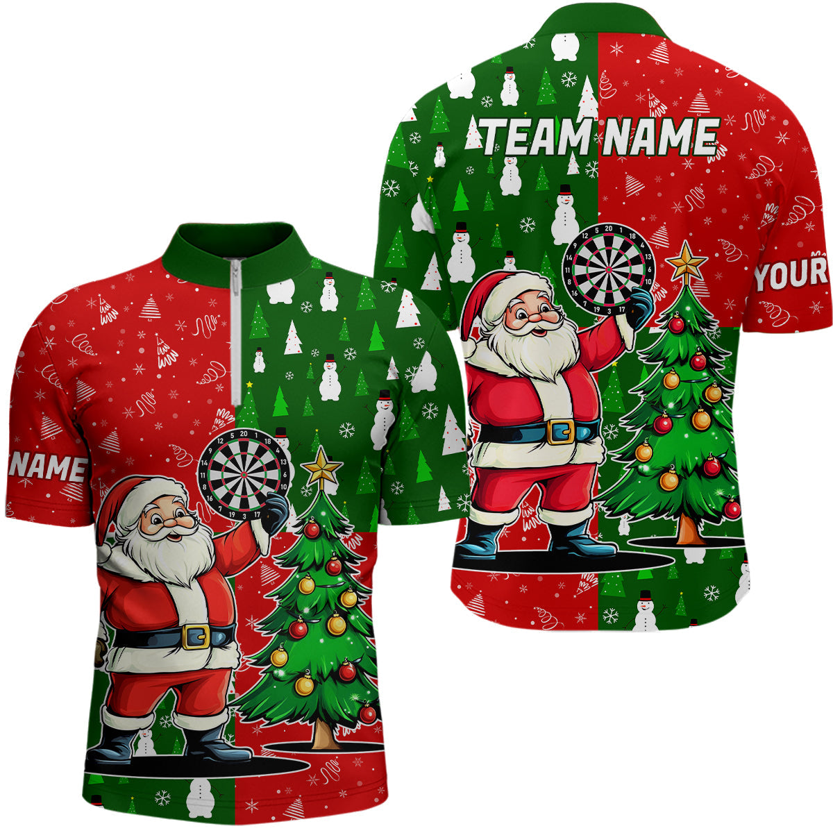 Individuelles Rotes und Grünes Darts Santa Weihnachten Dart Herren Shirt mit Viertelreißverschluss, Lustiges Xmas Dart Trikot TDM3021