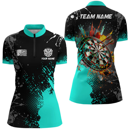 Individuelles gemaltes türkises Dartboard Dart Quarter Zip Shirt für Damen, Dart Teamkleidung TDM1500