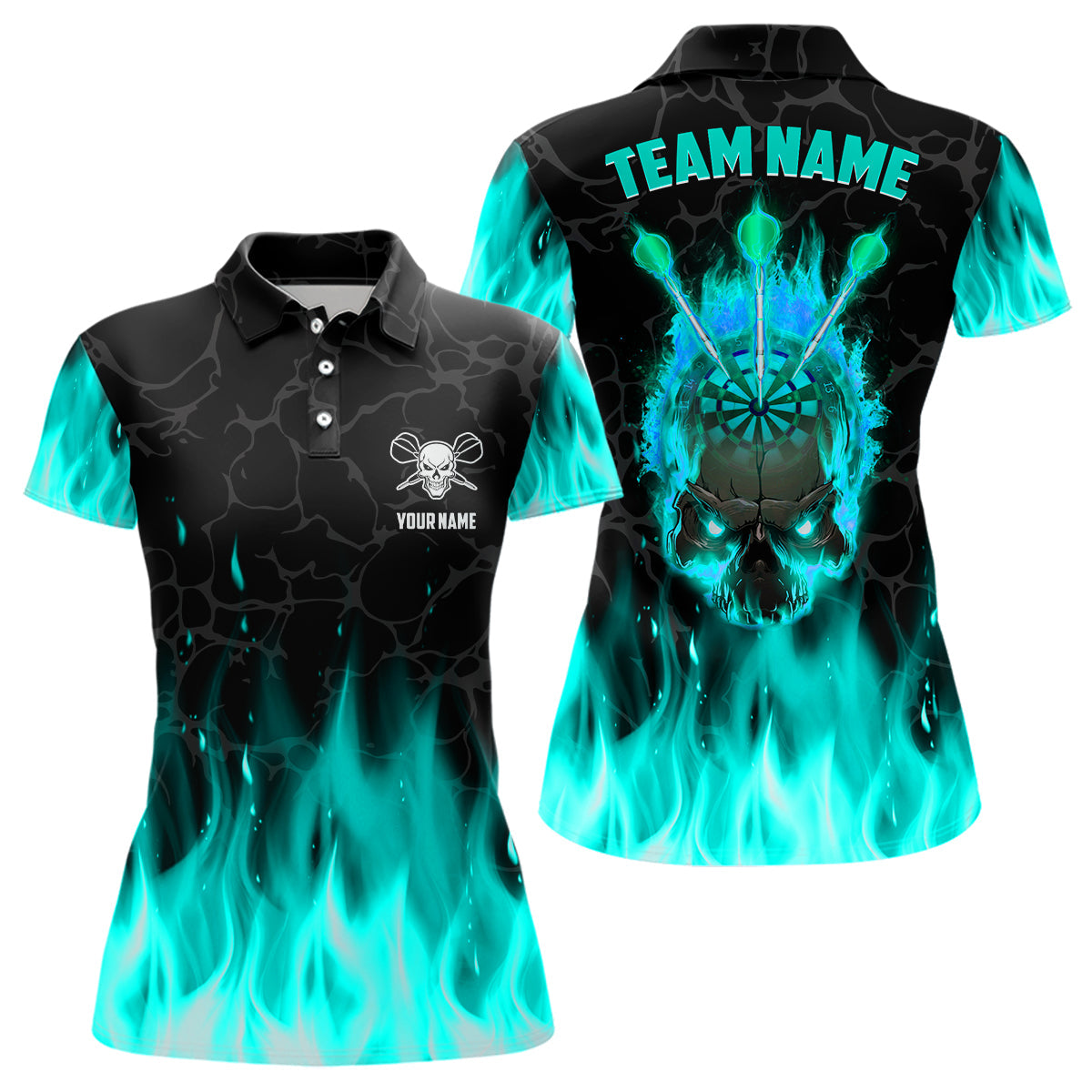 Individuelles Feuerflammen-Skelett Dart Poloshirt Für Herren, Türkises Gruseliges Dart-Teamtrikot TDM2552