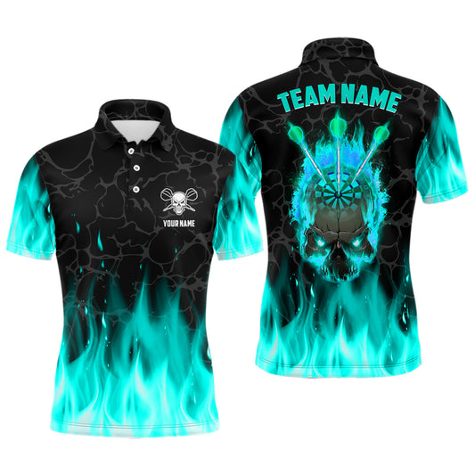 Individuelles Feuerflammen-Skelett Dart Poloshirt Für Herren, Türkises Gruseliges Dart-Teamtrikot TDM2552