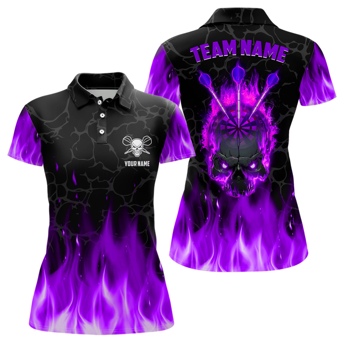 Individuelles Feuerflammen-Skelett Dart Poloshirt Für Herren, Lila Gruseliges Dart-Teamtrikot TDM2553