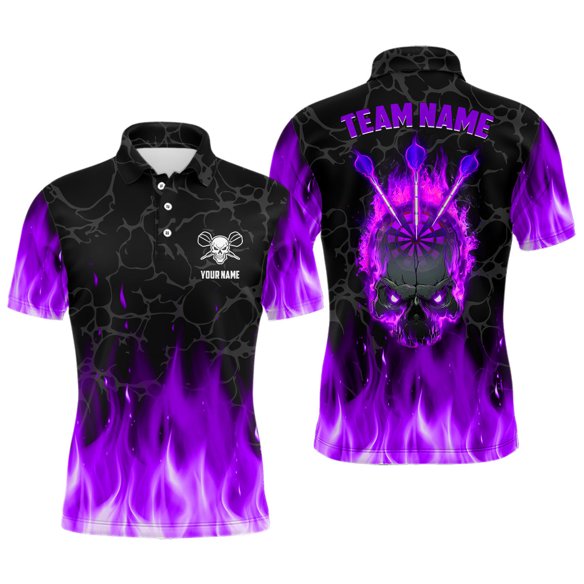 Individuelles Feuerflammen-Skelett Dart Poloshirt Für Herren, Lila Gruseliges Dart-Teamtrikot TDM2553