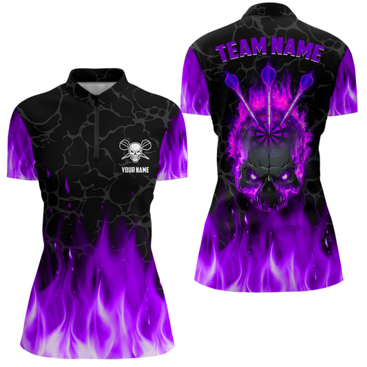 Individuelles Feuer Flamme Totenkopf Dart Damen Quarter Zip Shirt, Lila Gruseliges Dart Team Trikot TDM2553