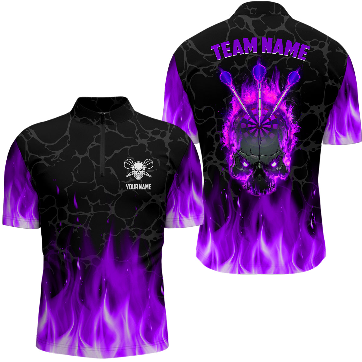 Individuelles Fire Flame Skull Dart Herren Shirt mit Viertelreißverschluss, Lila Gruseliges Dart Team Trikot TDM2553
