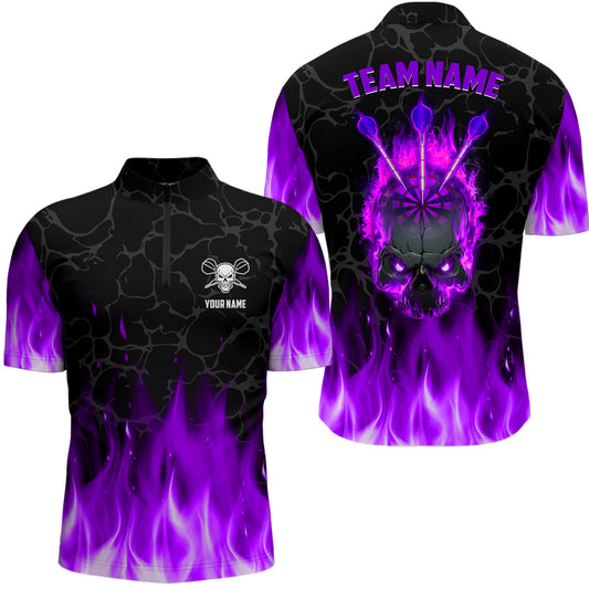 Individuelles Fire Flame Skull Dart Herren Shirt mit Viertelreißverschluss, Lila Gruseliges Dart Team Trikot TDM2553