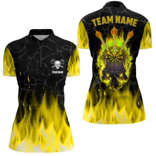 Individuelles Feuer Flamme Totenkopf Damen Quarter Zip Shirt, Gruseliges Dart Team Trikot Gelb TDM2554