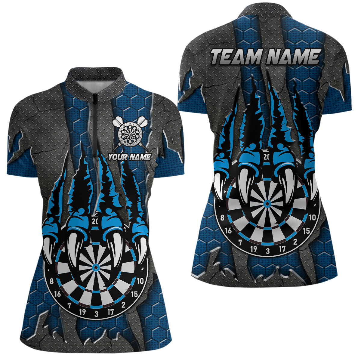 Individuelles Blaues Claw Dartboard Dart Quarter Zip Shirt Für Damen, Dart Liga Dart Trikot TDM3054