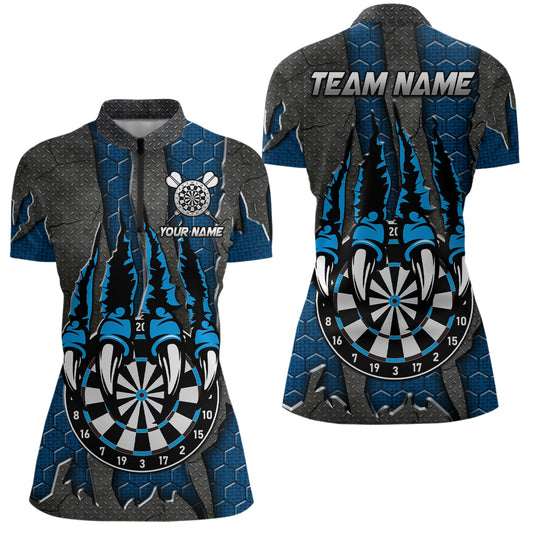 Individuelles Blaues Claw Dartboard Dart Quarter Zip Shirt Für Damen, Dart Liga Dart Trikot TDM3054