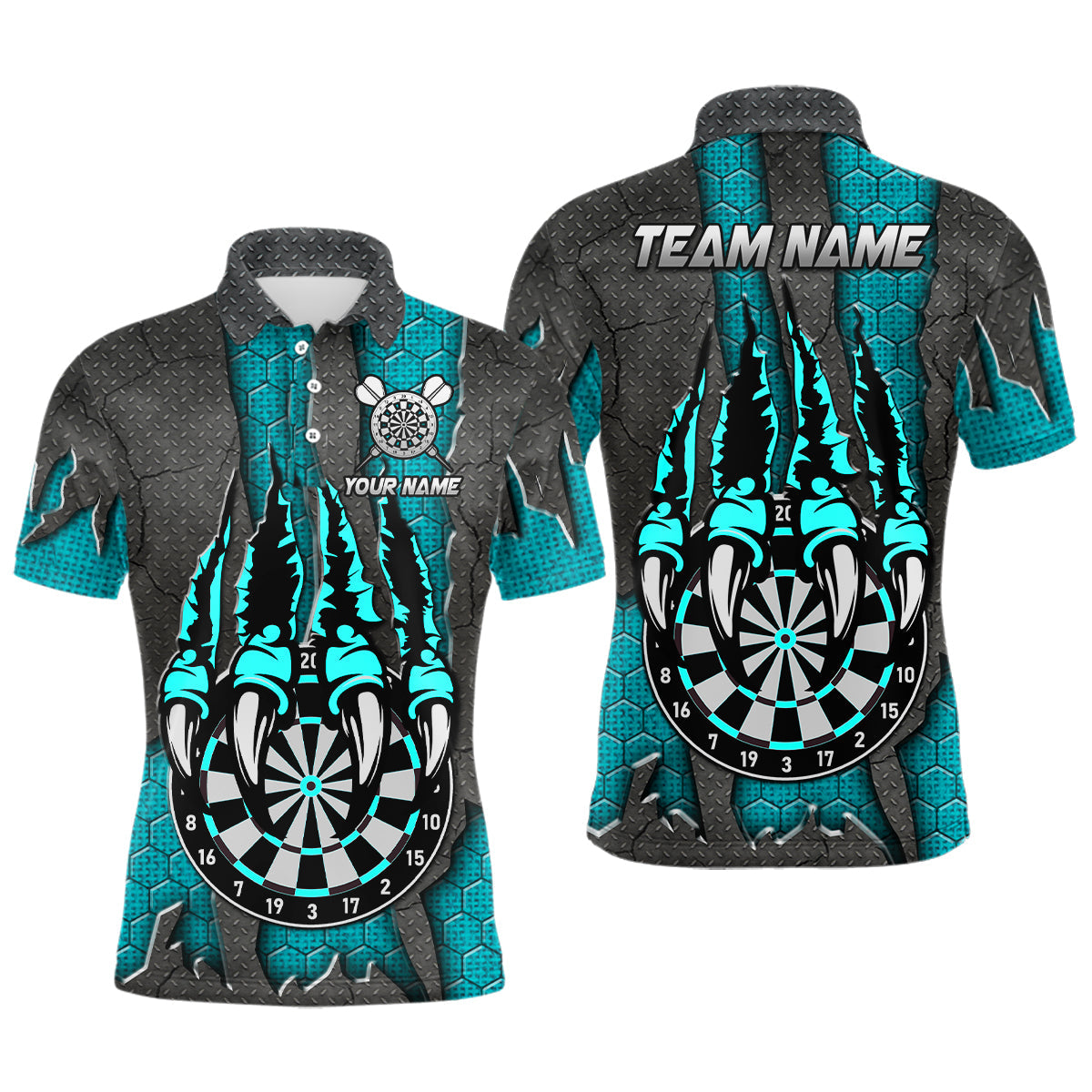 Individuelles türkisfarbenes Klauen-Dartbrett-Dart-Poloshirt für Herren, Dart-Liga-Darttrikot TDM3056