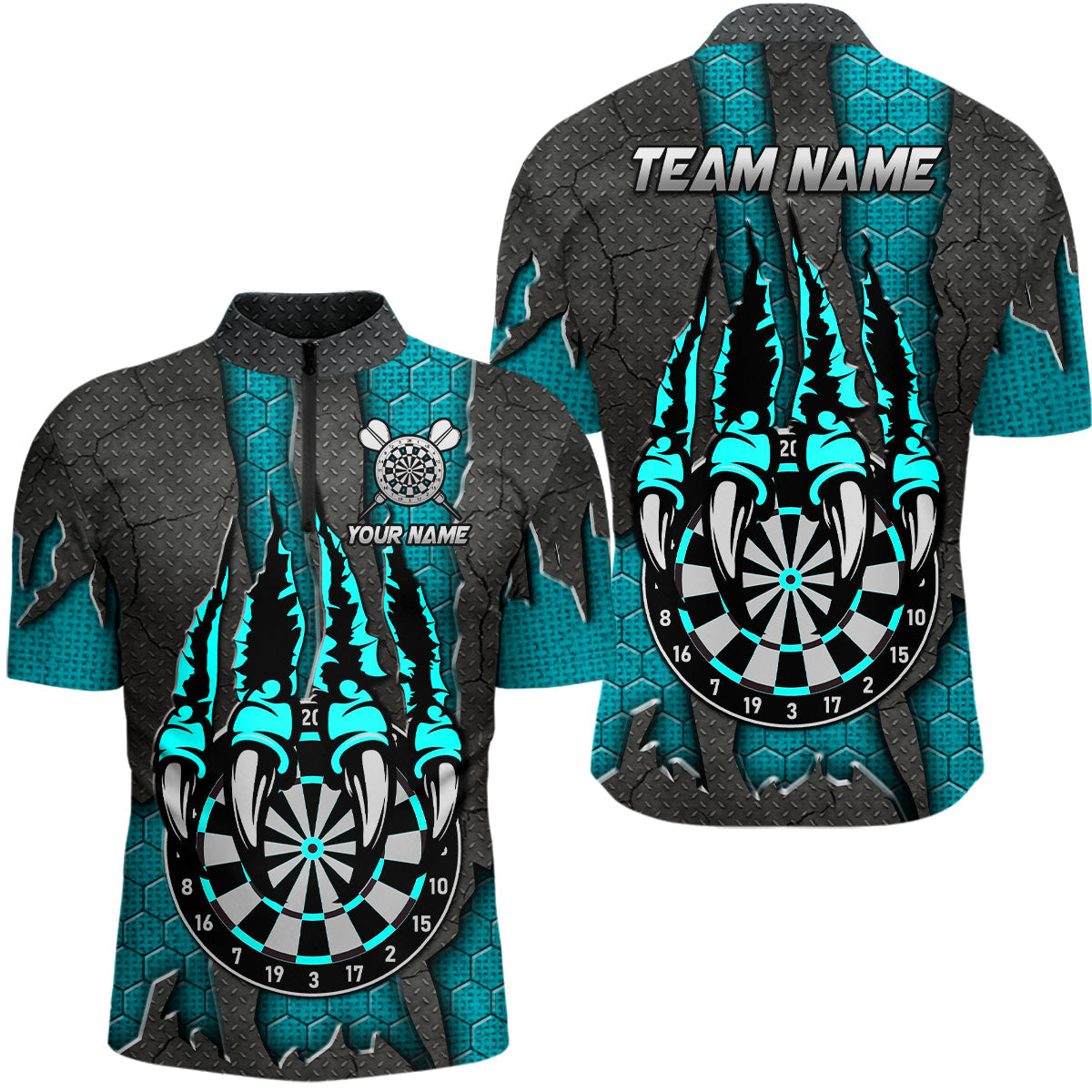 Individuelles Türkises Krallen Darts Board Dart Herren Shirt mit Viertelreißverschluss, Darts Liga Dart Trikot TDM3056
