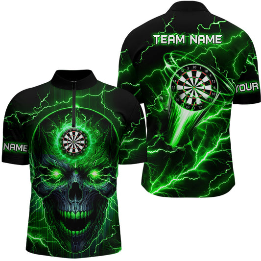 Grünes Dart Totenkopf Dart Herren Shirt mit Viertelreißverschluss, Dart Team Liga Shirt TDM1510